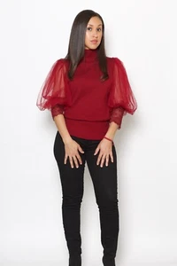 Sexy schöner burgunderroter Damen Strickpullover mit Netzärmeln  - Bild 1 von 5