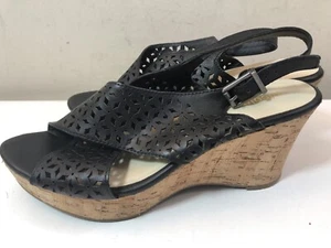 Nicole ‘Party’ Die-cut Black Leather Criss-cross Cork Wedge Sandal Size 8.5 M - Picture 1 of 11