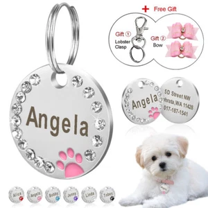 Rhinestone Round Personalized Dog Tags Custom Engraving Pet Name & Phone Number - Picture 1 of 18