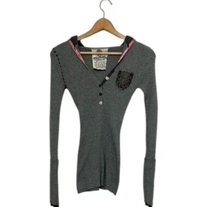 Y2K Haut Manches Longues Femme Petit Nick et Mo Gris Stretch Capuche Grunge Fairy - Photo 1 sur 9