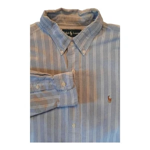 Ralph Lauren Shirt Mens 17.5 Gray Blue Stripes Classic Fit Preppy Casual Travel - Picture 1 of 13