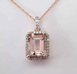 Emerald Cut Lab-Created Morganite Halo Pendant 14K Rose Gold Plated 925 Silver - Picture 1 of 10