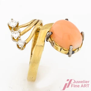 Anello 585/14K Oro Giallo Bianco 1 Corallo pelle D'Angelo Diamanti Brillanti TG - Foto 1 di 3