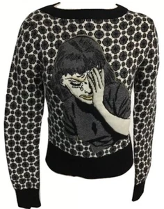 Diesel Black Gold Woman’s Crying Girl Crewneck Size Small EUC RARE B & W & Gray - Picture 1 of 9