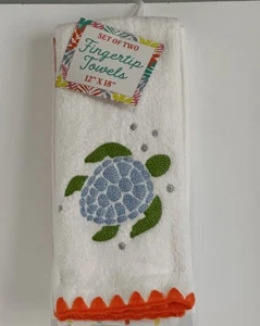 Blue Sea Turtle Striped Fingertip Towels Wave Set of 2 Embroidered Beach Ocean - Picture 1 of 4