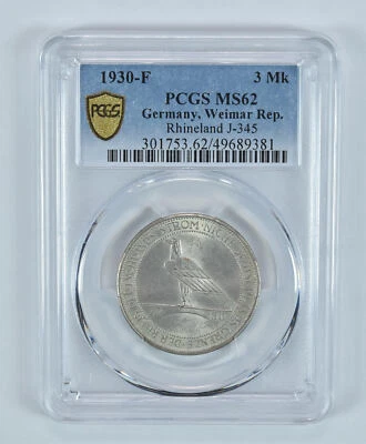 1930 F Germany 3 Mark Weimar Republic Rhineland J-345 MS62 PCGS *9221 - Image 1 of 3