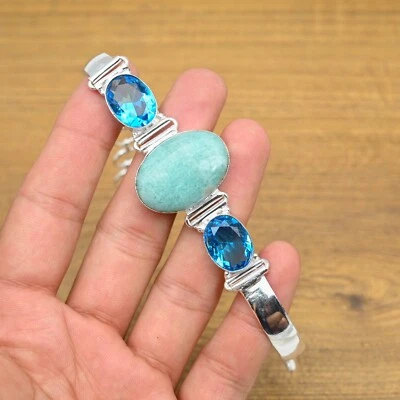 Bracciale Amazzonite Con Topazio Blu Braccialetto Fatto a Mano in Argento Ste... - Immagine 1 di 4