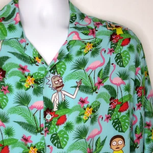 Adult Swim Rick & Morty Mens XL Shirt 50" Green Floral Pink Flamingos Blue Rayon - Picture 1 of 7