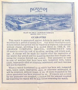 .1947 E INGRAHAM POCKET WATCH GUARANTEE / INSTRUCTIONS. - Picture 1 of 5