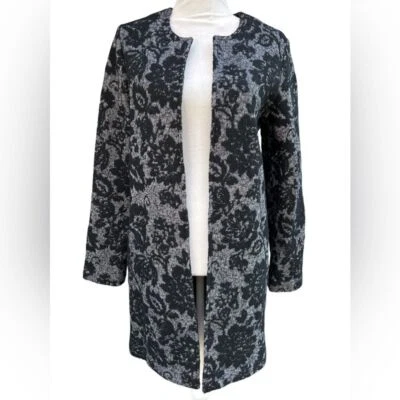Abrigo Chaqueta Topper Jacquard Floral Mezcla Lana Cynthia Rowley Negro Gris Foto 1 de 4