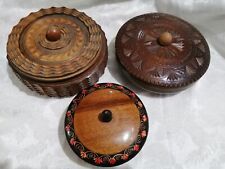 3 round wooden trinket boxes with lids carved decorated