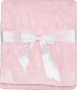 Thermal Waffle Weave Baby Blanket with Satin Nylon Trim, PINK, Oversized 36x50 - Picture 1 of 6
