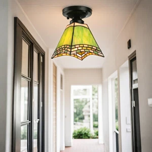 Tiffany Semi Flush Mount Ceiling Light Retro Green Shade Porch Pendant Light - Picture 1 of 7