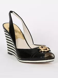 MICHAEL KORS ROCHELLE BLACK ICONIC RARE GOLD MK LOGO STRIPE WEDGES I LOVE SHOES - Picture 1 of 6