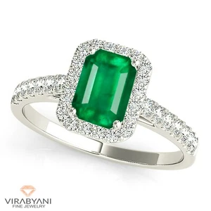 1.00 ct. Natural Emerald Ring With 0.25 ctw. Diamond Halo - 14K White Gold - Picture 1 of 7