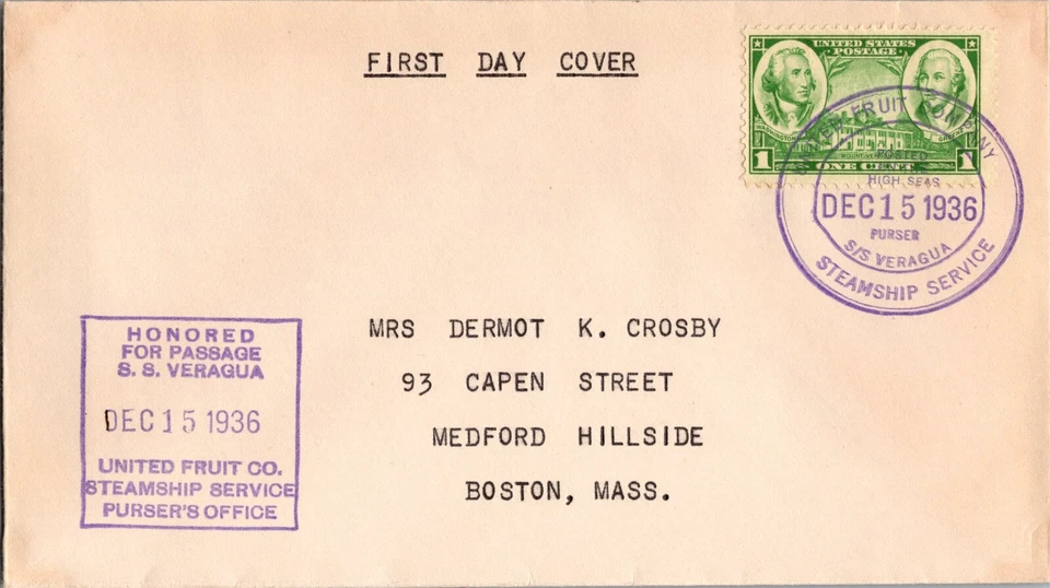 1936 USA Purser SS Veragua United Fruit Company Honored UFC FDC Cover To MA - Image 1 of 2