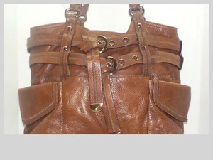 B. Makowski Large Cognac Brown Pebble Leather Drawstring Belt / Buckle Accents  - Picture 1 of 9