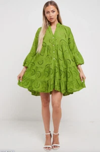 Women’s Green Flower Embroidery Midi Flared Smock Dress.New,More Colours. UK8-14 - Picture 1 of 35
