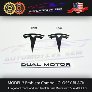 MODELO 3 T Emblema Trasero Frontal DOBLE MOTOR Insignia Negro Brillante Juego de Pegatinas para Tesla - Imagen 1 de 3
