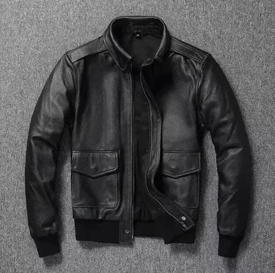 Men's A2 G1 Black Leather Jacket Navy Pilot Bomber Aviator Biker Retro Style - Image 1 of 3