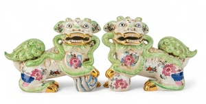 Porzellan Paar Lucky Foo Hund - grünes Tabakblatt - 16,5" x 7" Höhe - Bild 1 von 6