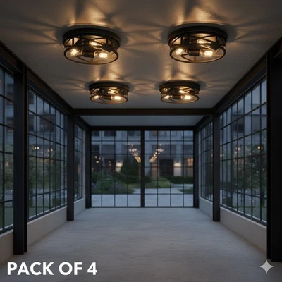 4-Pack Industrial Flush Mount Ceiling Lights – Black Metal Fixture with 3 Bulbs - Image 1 of 4