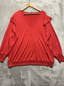 Women's Size 3 XL Red Long Sleeve French Terry V Neck Ruffle Shoulder Preppy - Picture 1 of 9