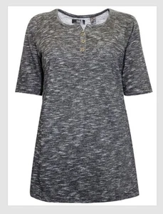 Ladies Black Melange Short Sleeve Jersey Knit Henley Top - Sizes 18/20 & 22/24 - Picture 1 of 4