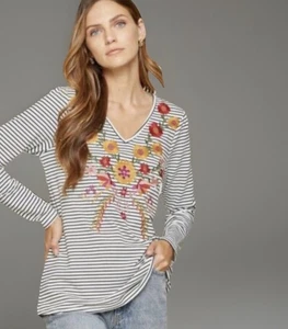 SAVANNA JANE Blouse Womens Medium Marigold Striped Colorful Embroidered Floral - Picture 1 of 14