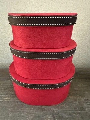 Vintage Red Velvet Oval Boxes with Lids, Stackable, Set of 3 EUC - Image 1 of 4