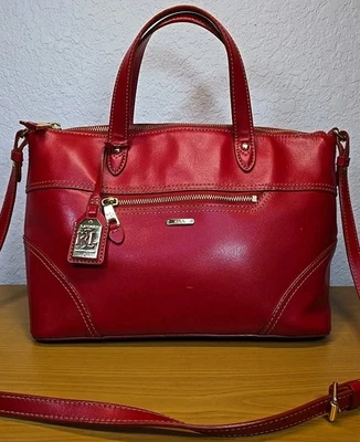 Classic Red Leather Ralph Lauren Handbag Shoulderbag Purse Gold Accent Beautiful - Image 1 of 4
