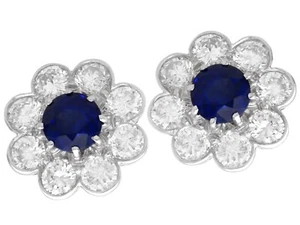 1.25ct Sapphire and 1.70ct Diamond, 18ct Yellow Gold Cluster Earrings Circa 1935 - Picture 1 of 11