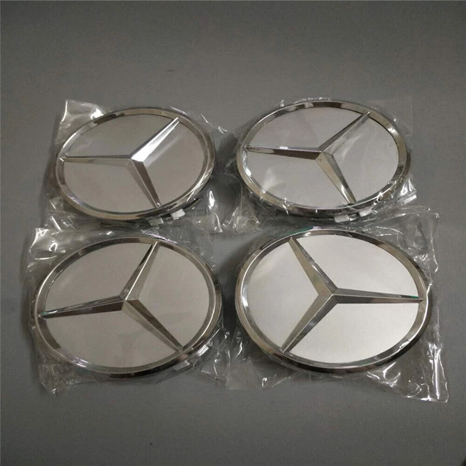 4 x 75mm Matte Chrome Emblem Fit For Mercedes Benz C E S Center Wheel Hub Caps - Image 1 of 4