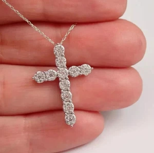 2.00Ct Round Cut Lab Created Diamond Cross Pendant 14K White Gold Finish - Picture 1 of 8