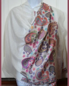 Chal de cachemira tejido a mano color blanco marfil ¡diseño cachemira de la India! - Imagen 1 de 7