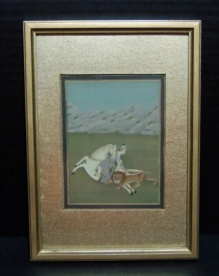 Pintura en miniatura mogol gouache - caza tradicional - caballo y jinete con león Foto 1 de 4