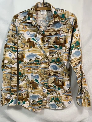 Camisa feminina vintage Roper Southwest Adobe rodeio ocidental tamanho S cacto cão lobo - Imagem 1 de 4
