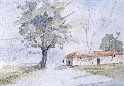 original watercolor painting ACEO rural Barn street house trees Evening Sky SIBY - Image 1 of 3