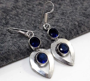 Decent Iolite Topaz 925 Silver Plated Earrings 1.9" New Arrival GW - Picture 1 of 3