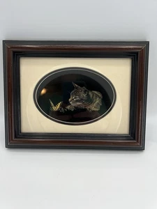Scratchboard Cat Butterfly Art Print Jeanine Nahra Framed Oval Matted - Picture 1 of 7