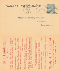 Canada ST JOHN NB GV 1c Privately Printed Post Card Stationery FISHERY SALT 1932 - Picture 1 of 2
