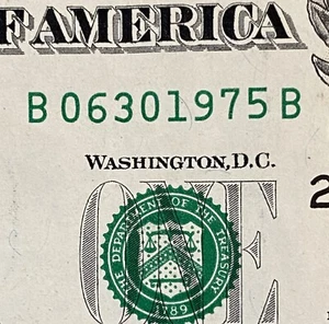 June 30, 1975 B 06301975 B $1 One Dollar Bill Fancy Serial Number Birthday Note - Picture 1 of 5