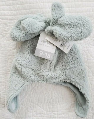 NEW CARTERS BABY SUPER SOFT LIGHT BLUE HAT & MITTEN SET 0-9M or 9-18M CHIN STRAP - Image 1 of 4