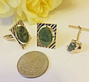 Vintage Cuff Links & Tie Pin Set Goldtone Rectangle with Green Jade Stone 70's 