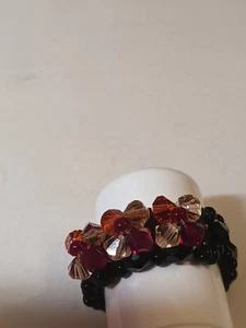 Ring Modeschmuck Schwarz rot pink Blumen Funkelsteinen Perlen Dehnbar BisCa 6cm - Bild 1 von 7