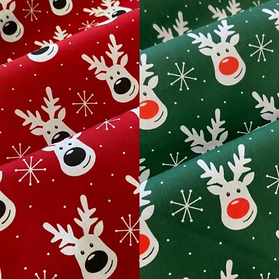 CHRISTMAS FABRICS - Polycotton, 44"/112cm Wide - REINDEER FACES - Select Colour