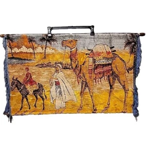 Vintage Tapestry Middle Eastern Camel Desert Blue Fringe 21” X 34" - Picture 1 of 9