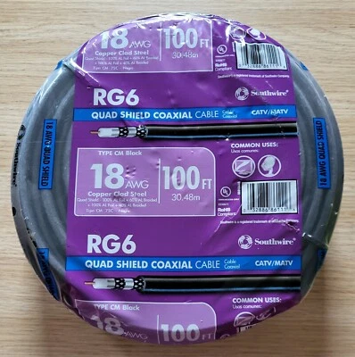 Southwire RG6 Quad Shield Coaxial Cable Coil 18 AWG Black 100ft - Image 1 of 2
