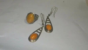 Vintage sterling silver hand made earrings 1.5 & ring sz 6.5 orange honey amber - Picture 1 of 3