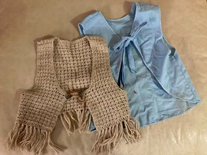 Retro Vintage Kids 2-Piece Set Knit Vest Beige / Apron Blue Size 122 - Picture 1 of 12